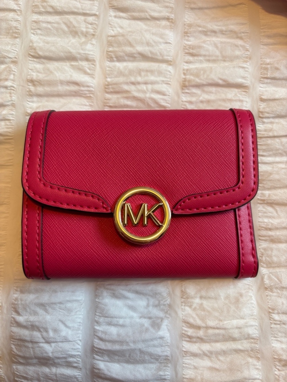 Michael Kors Fuchsia Leather Trifold Wallet with Gold MK Emblem